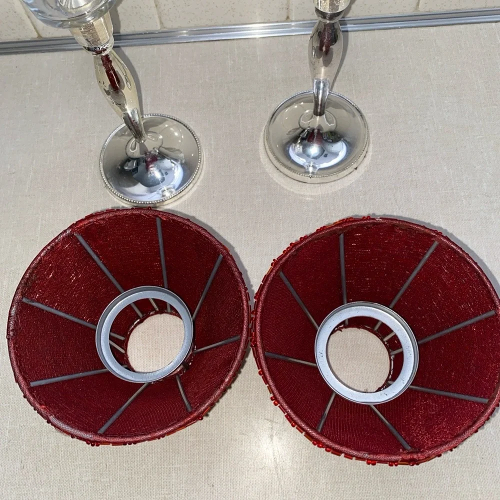 Pottery Barn Holiday Vintage Red Beaded Lamp Shades Votive Candlestick Holders‎